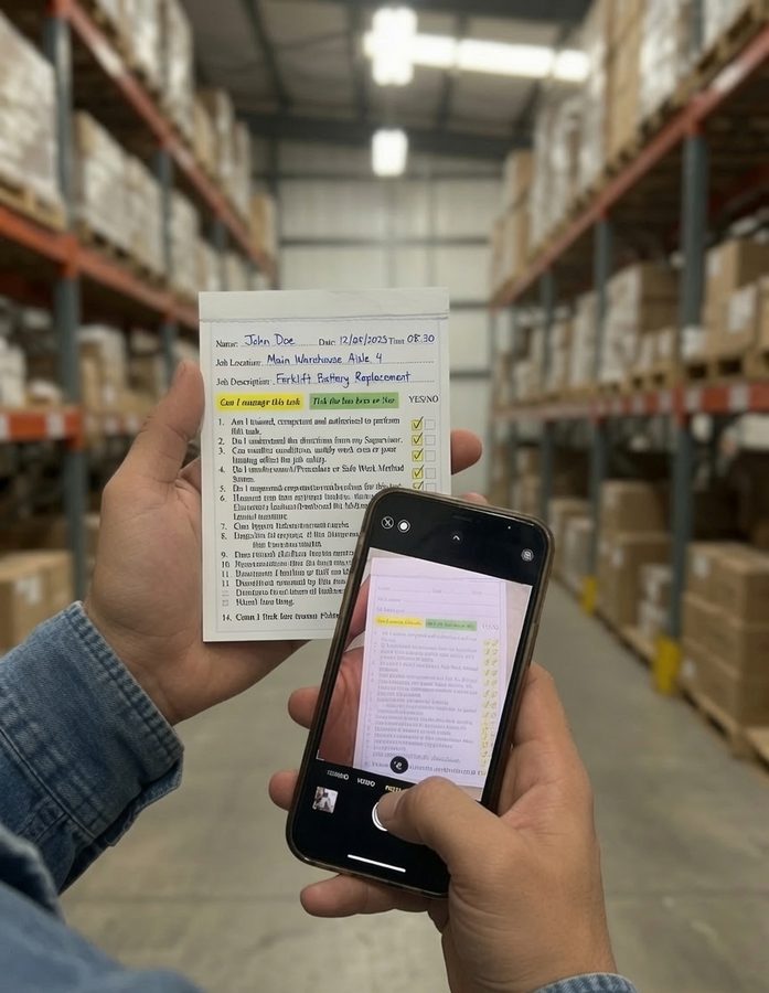 A printed permit held in one hand and scanned with a phone in the other.