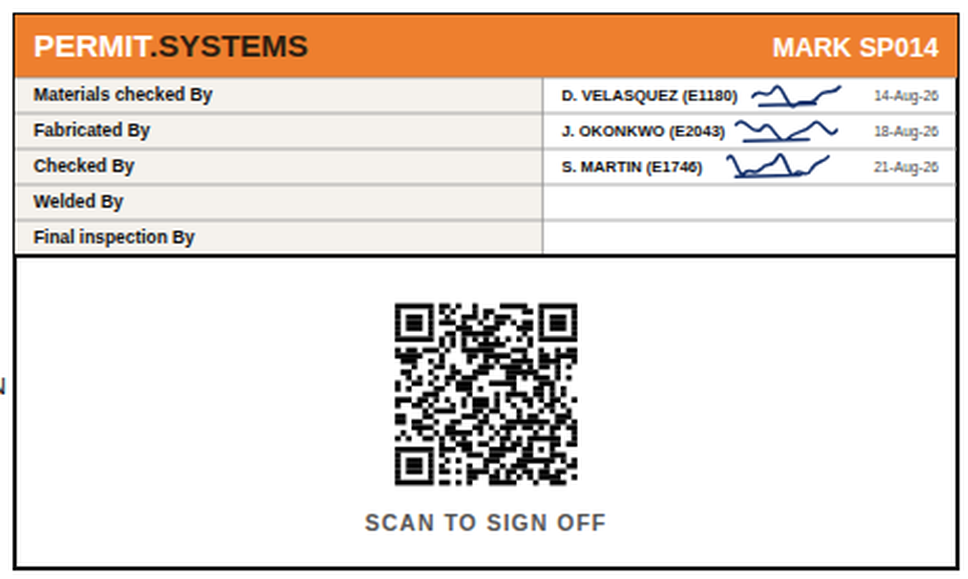 Close view of the stamp: name, employee number, signature and date on each released hold point